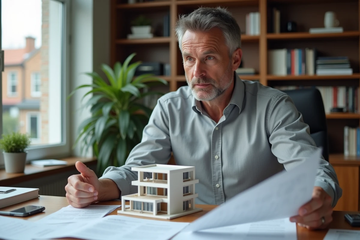 Homme d'affaires analysant des documents d'investissement immobilier locatif à son bureau