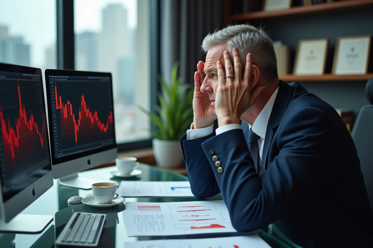 Investisseur stressé face à des graphiques boursiers en baisse dans un bureau moderne