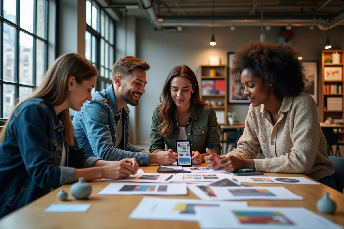 Jeunes investisseurs analysant les prix du marché de l'art autour d'une table avec des œuvres et des graphiques, illustrant les formes d'art les plus rentables