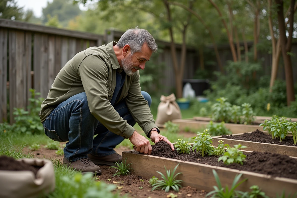 Homme qui jardine et cultive ses légumes dans un potager surélevé en bois, symbole d'autonomie alimentaire et de mode de vie durable