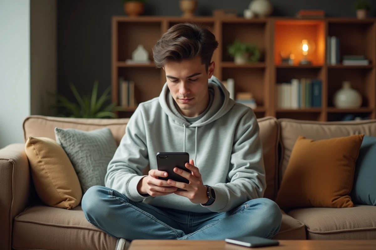 Jeune adulte explorant les paramètres de ChatGPT sur smartphone depuis un canapé dans un salon chaleureux