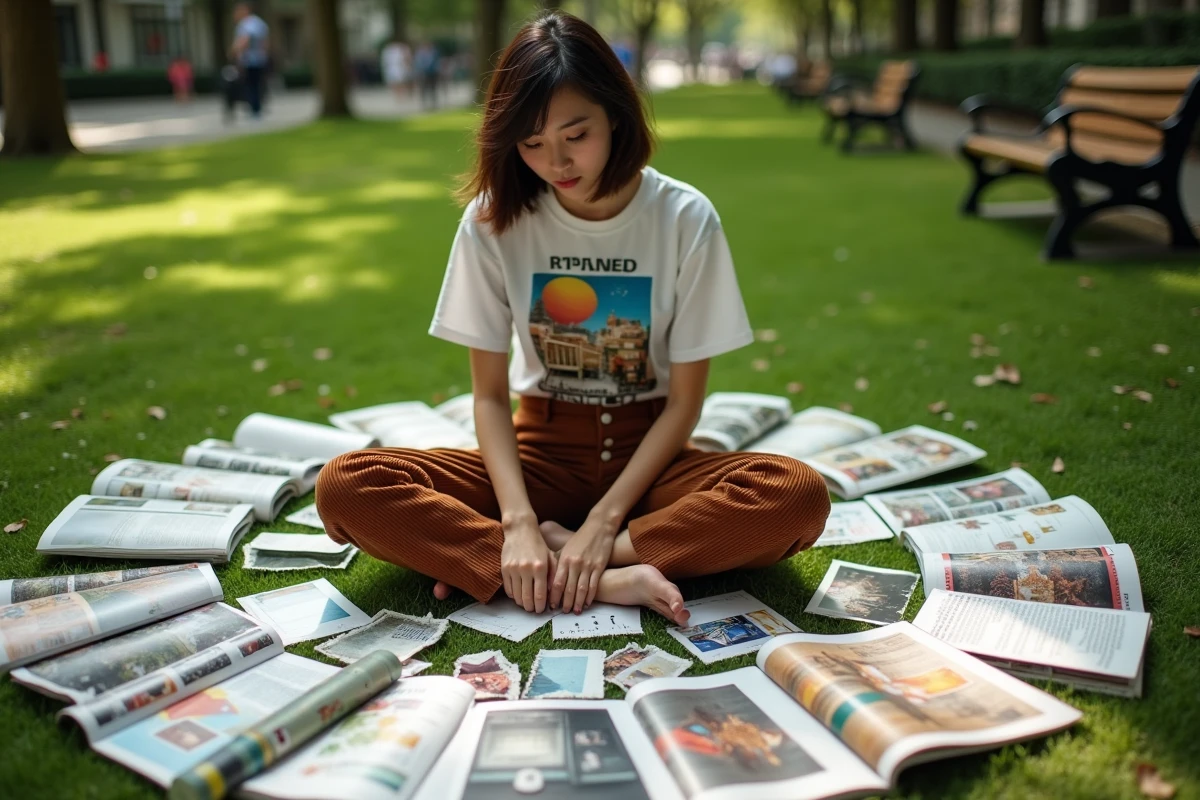 Jeune femme assise dans un parc en train de créer un collage artistique entourée de magazines et de papiers découpés, illustrant le processus créatif