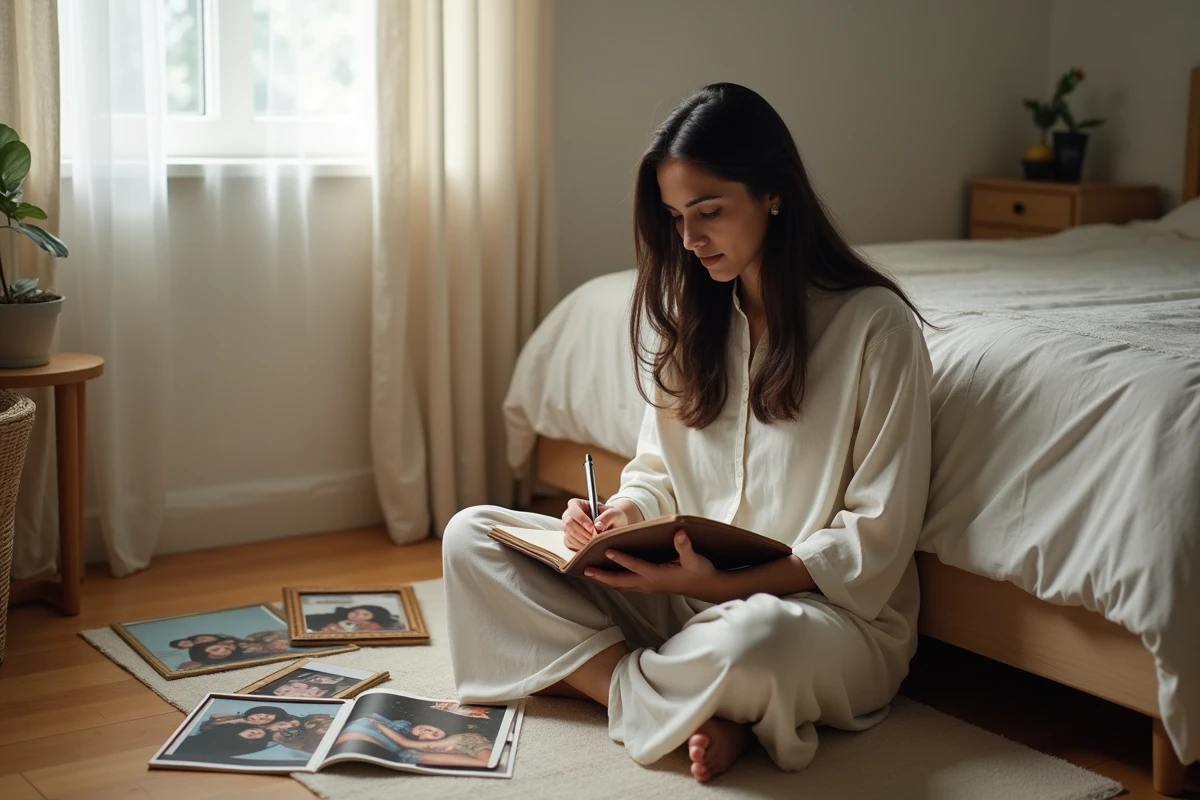Jeune femme écrivant dans un journal intime entourée de photos de famille, symbolisant le travail intérieur de guérison du traumatisme intergénérationnel