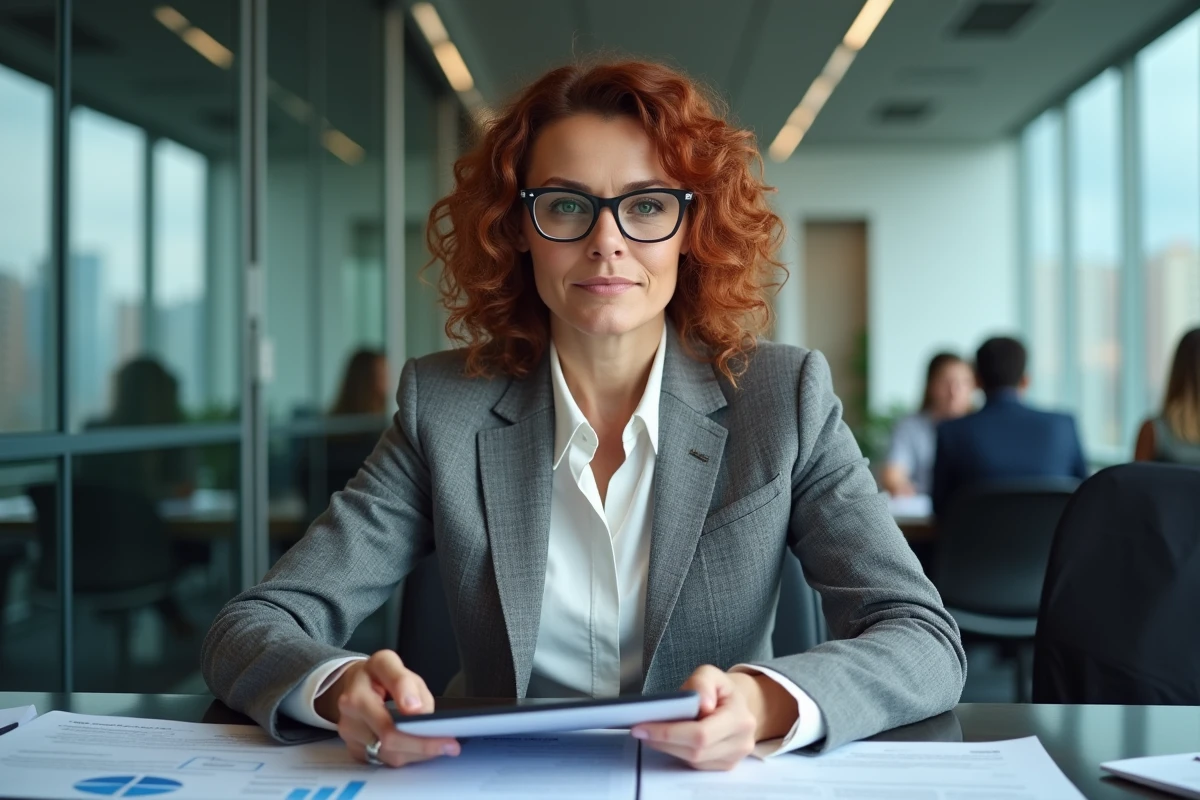 Une journaliste spécialisée en cybersécurité analysant des documents sur l'origine et la propriété de NordVPN dans une salle de rédaction
