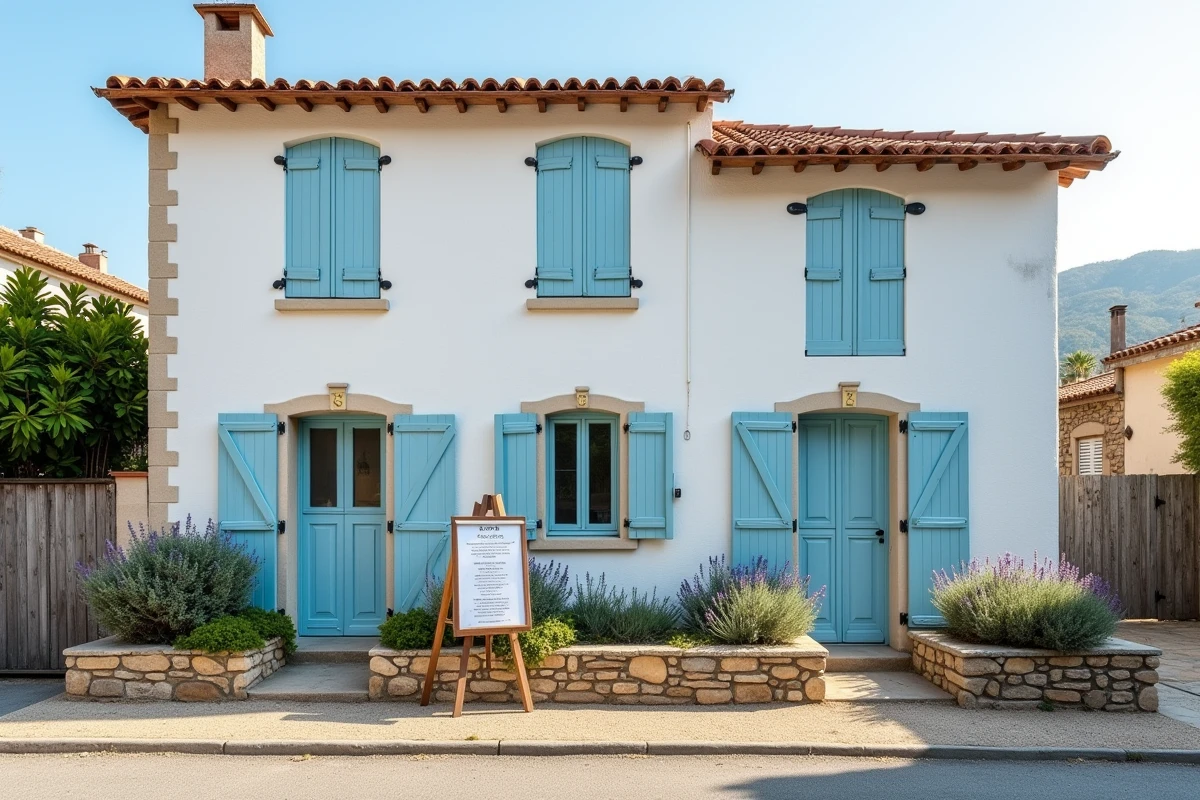 Maison de village côtière à vendre illustrant l'achat d'une résidence secondaire avec panneaux immobiliers