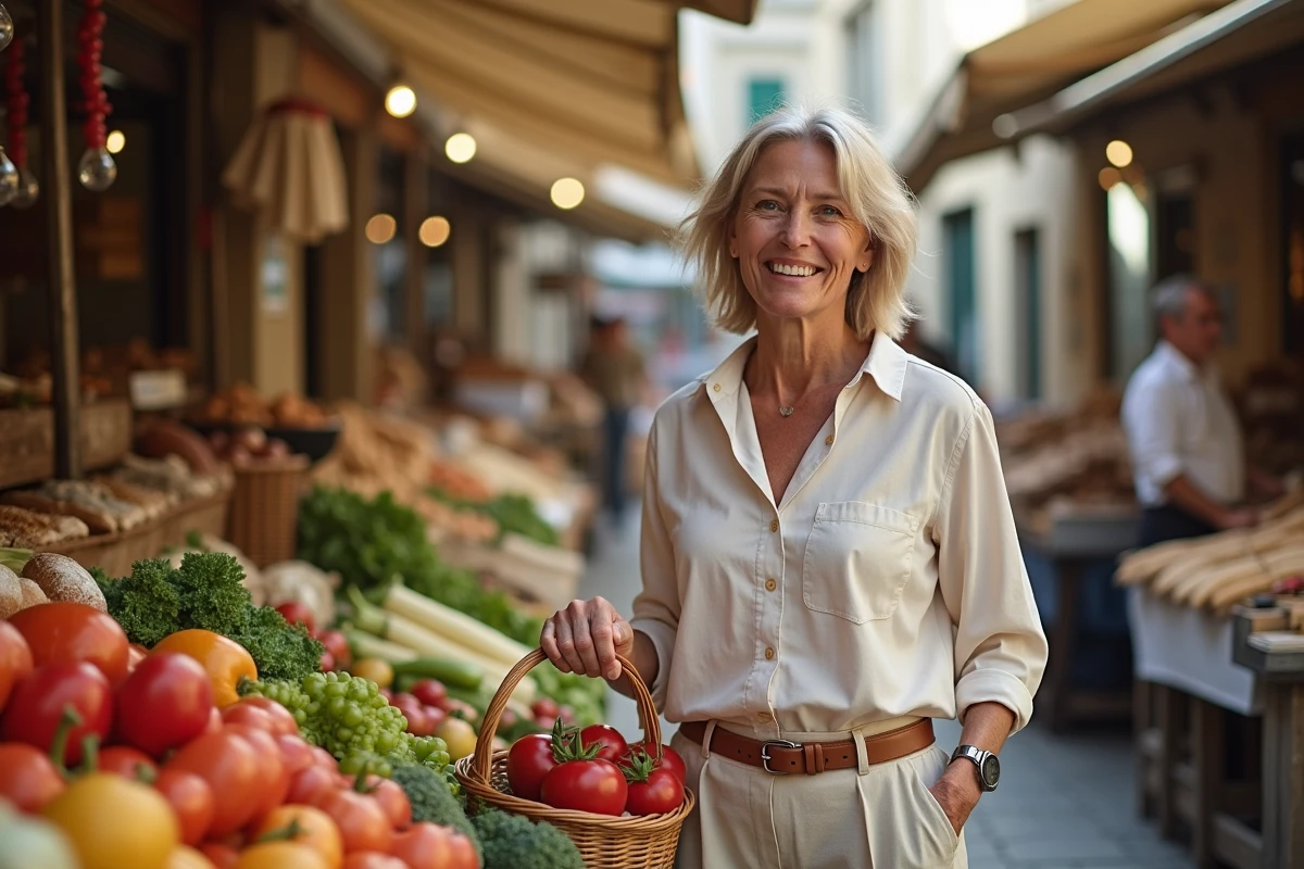 Femme faisant ses courses dans un marché en plein air d'une ville de province française avec des prix abordables