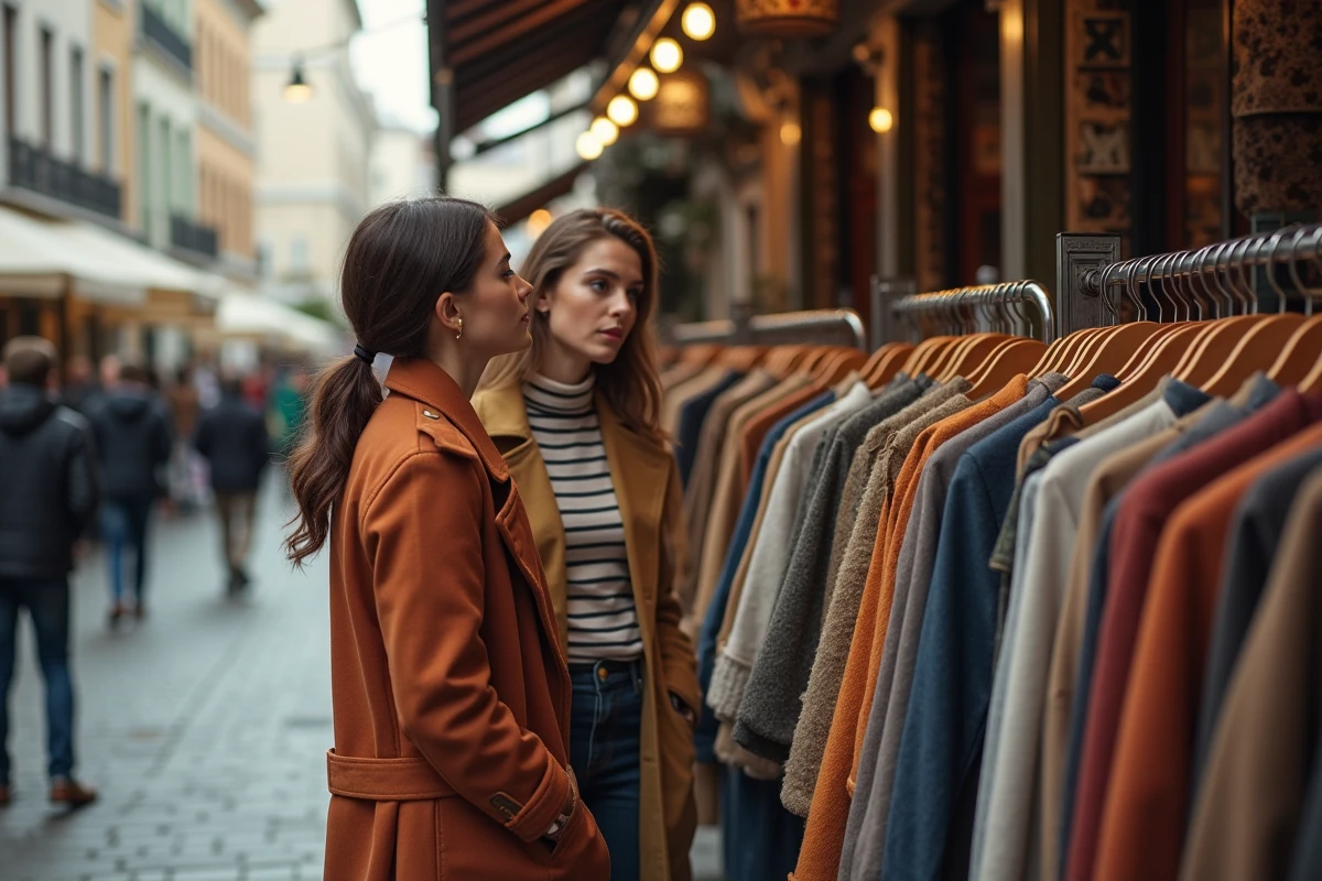 Deux femmes parcourant des vêtements dans un marché vintage européen, illustrant la diversité et les tendances de la mode