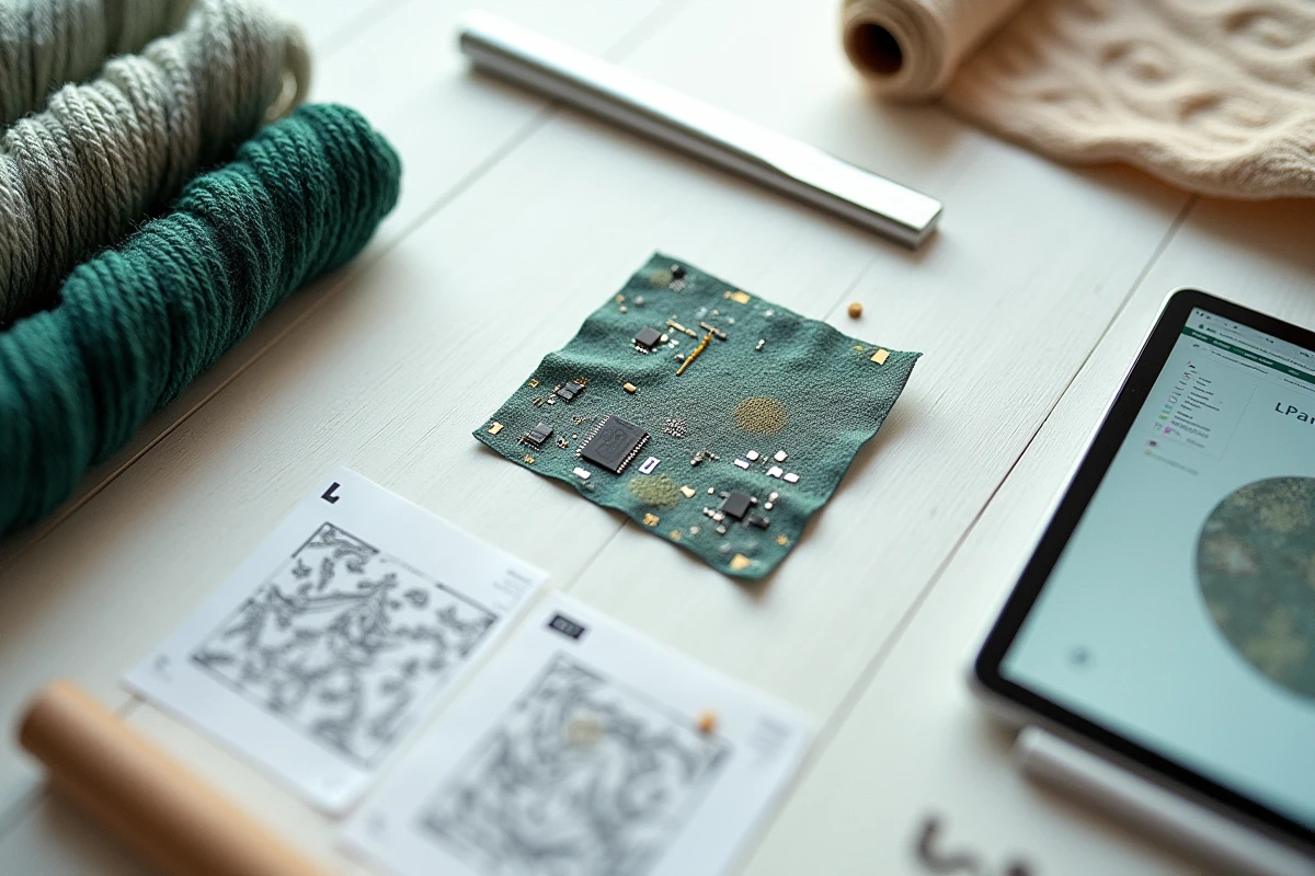 Vue à plat de matériaux textiles technologiques avancés incluant des tissus électroniques et des fils bio-recyclés sur fond bois