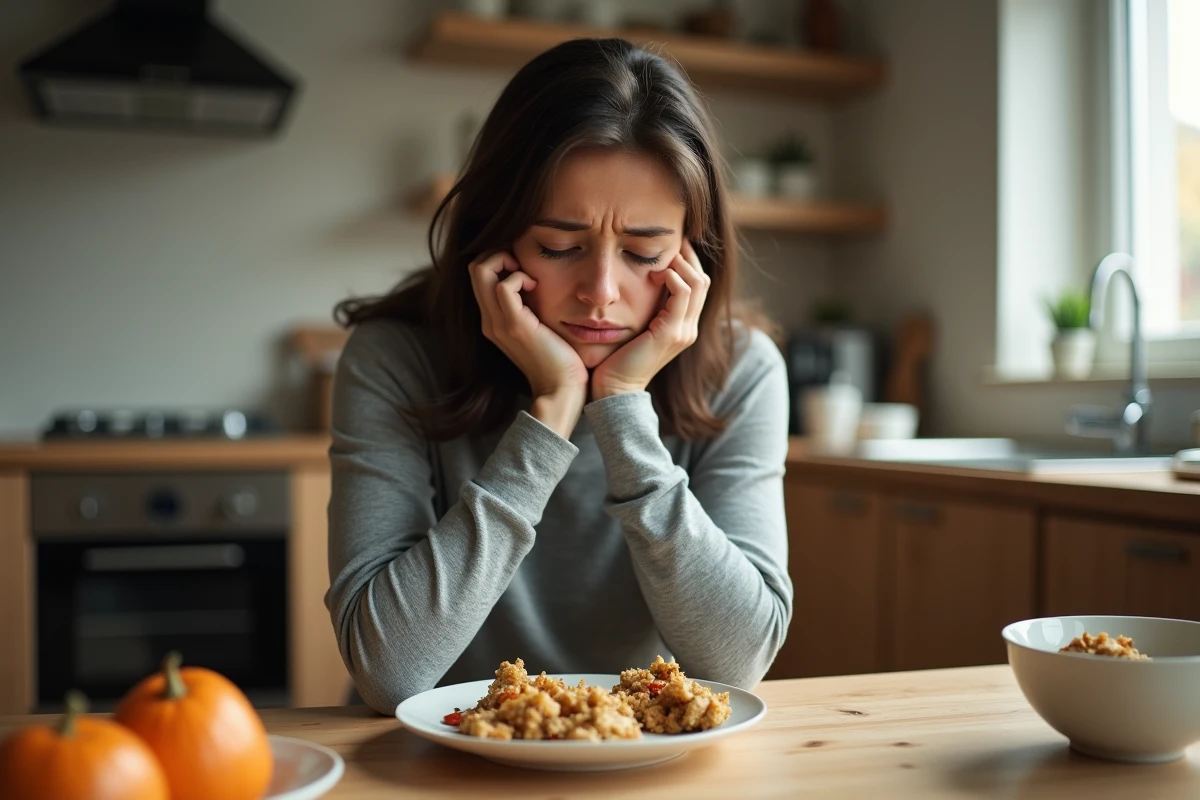 Femme de mauvaise humeur après le repas, assise à la table de cuisine avec une expression fatiguée et irritable