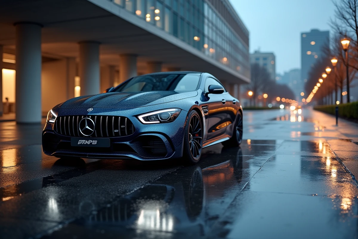 Mercedes-AMG GT 63 S garée sur une place urbaine mouillée illustrant la puissance et la technologie AMG Dynamics
