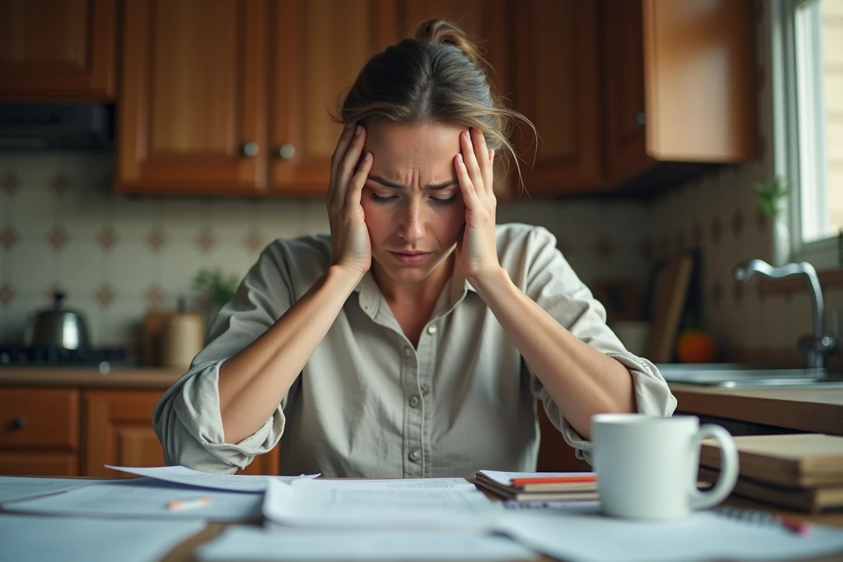 Mère épuisée à table face aux devoirs d'un enfant, illustrant les difficultés parentales liées à la mauvaise éducation