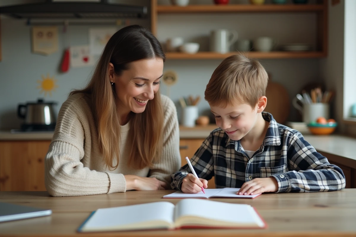 Mère monoparentale aidant son fils à faire ses devoirs dans une cuisine familiale, illustrant la famille sans père
