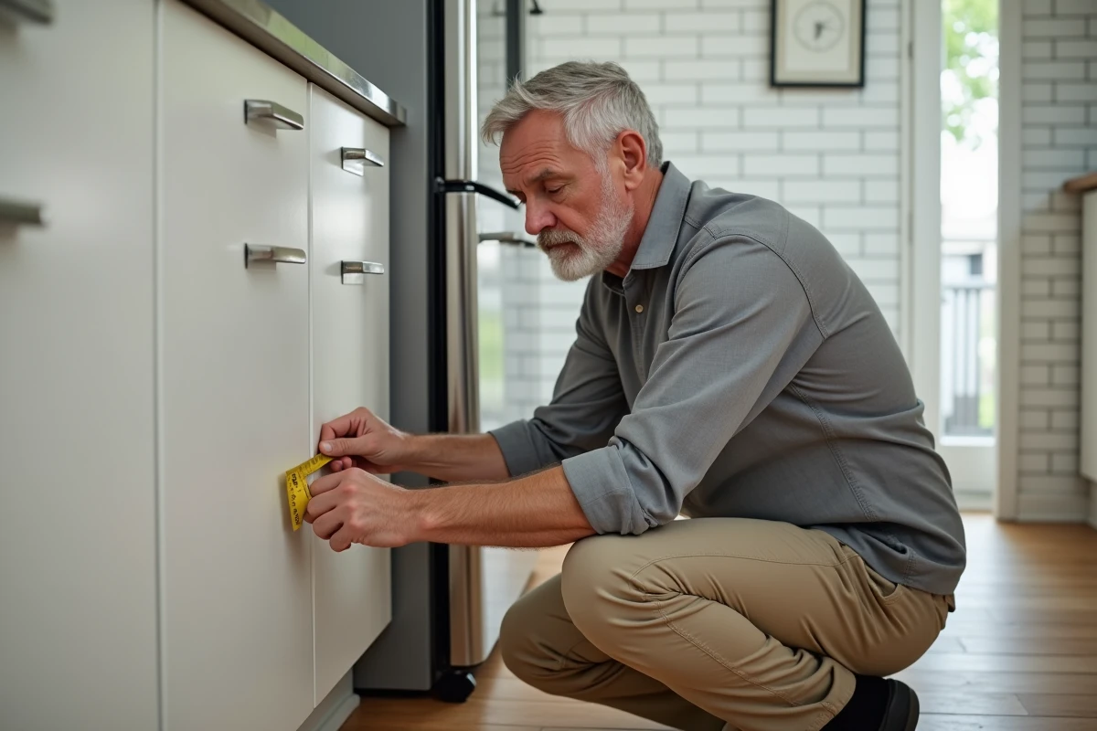 Homme mesurant l'espace entre un meuble de cuisine et un mur carrelé avec un mètre ruban