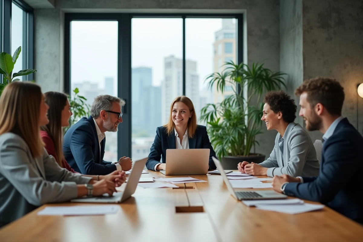 Équipe mixte de professionnels en réunion dans un open space moderne, illustrant la diversité en entreprise