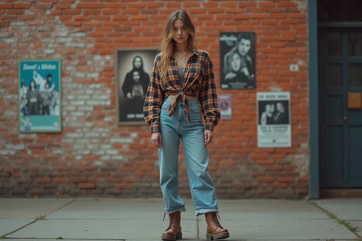 Jeune femme en tenue grunge des années 90 avec jean taille haute et chemise à carreaux devant un mur de briques urbain