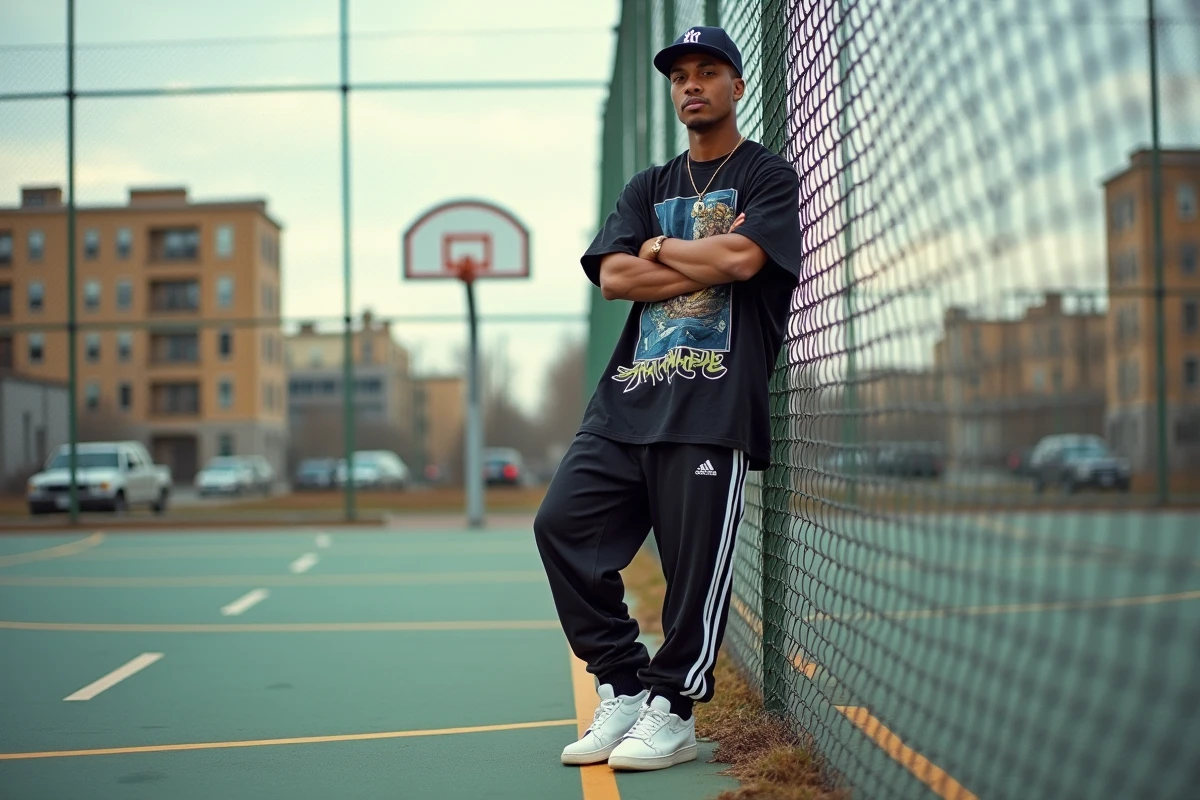 Homme en tenue hip-hop streetwear des années 90 avec survêtement baggy et sneakers blanches sur un terrain de basket urbain