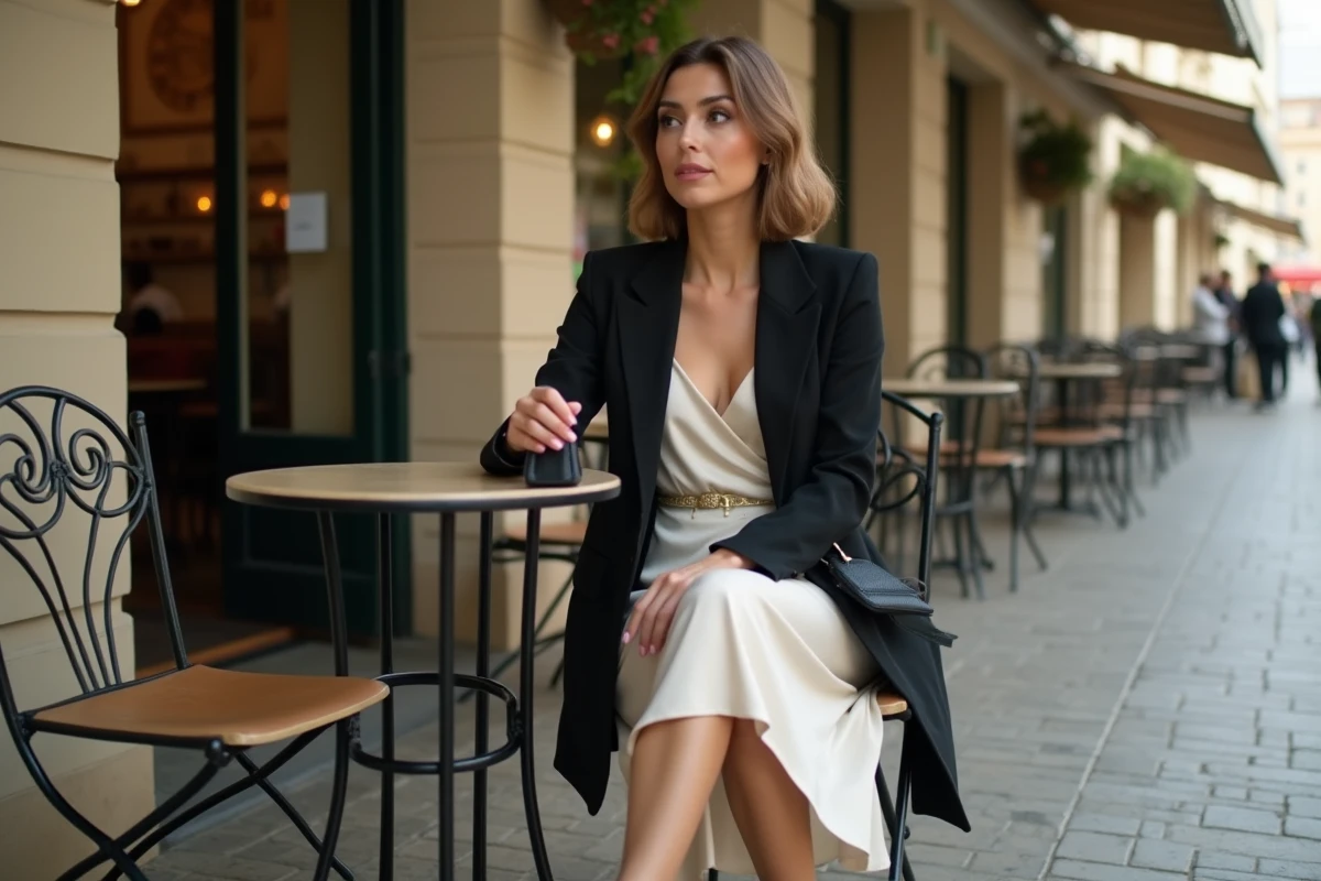Femme en robe nuisette et blazer noir style minimalisme des années 90 assise en terrasse de café parisien