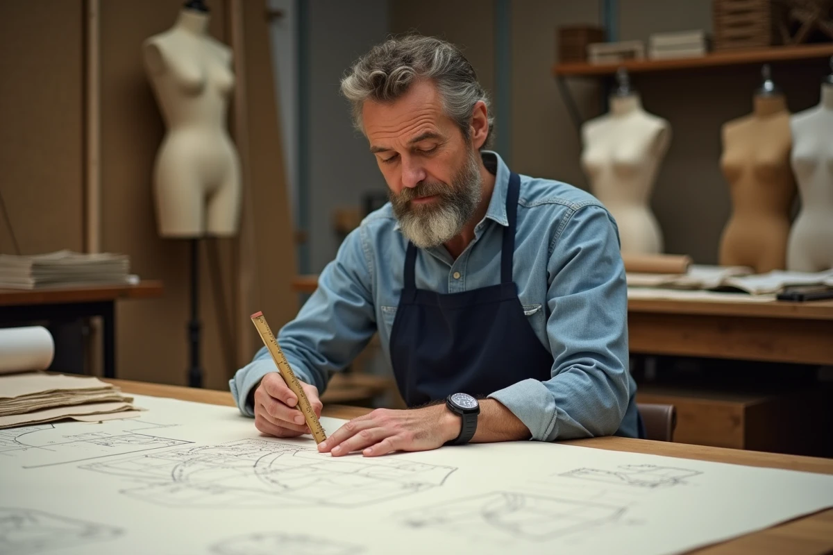 Modéliste masculin traçant des patrons techniques sur une table à dessin dans un studio de modélisme professionnel