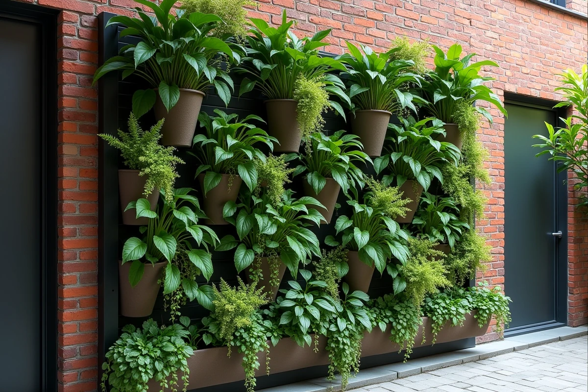 Mur végétal extérieur avec poches en feutre et plantes variées sur une façade moderne en brique