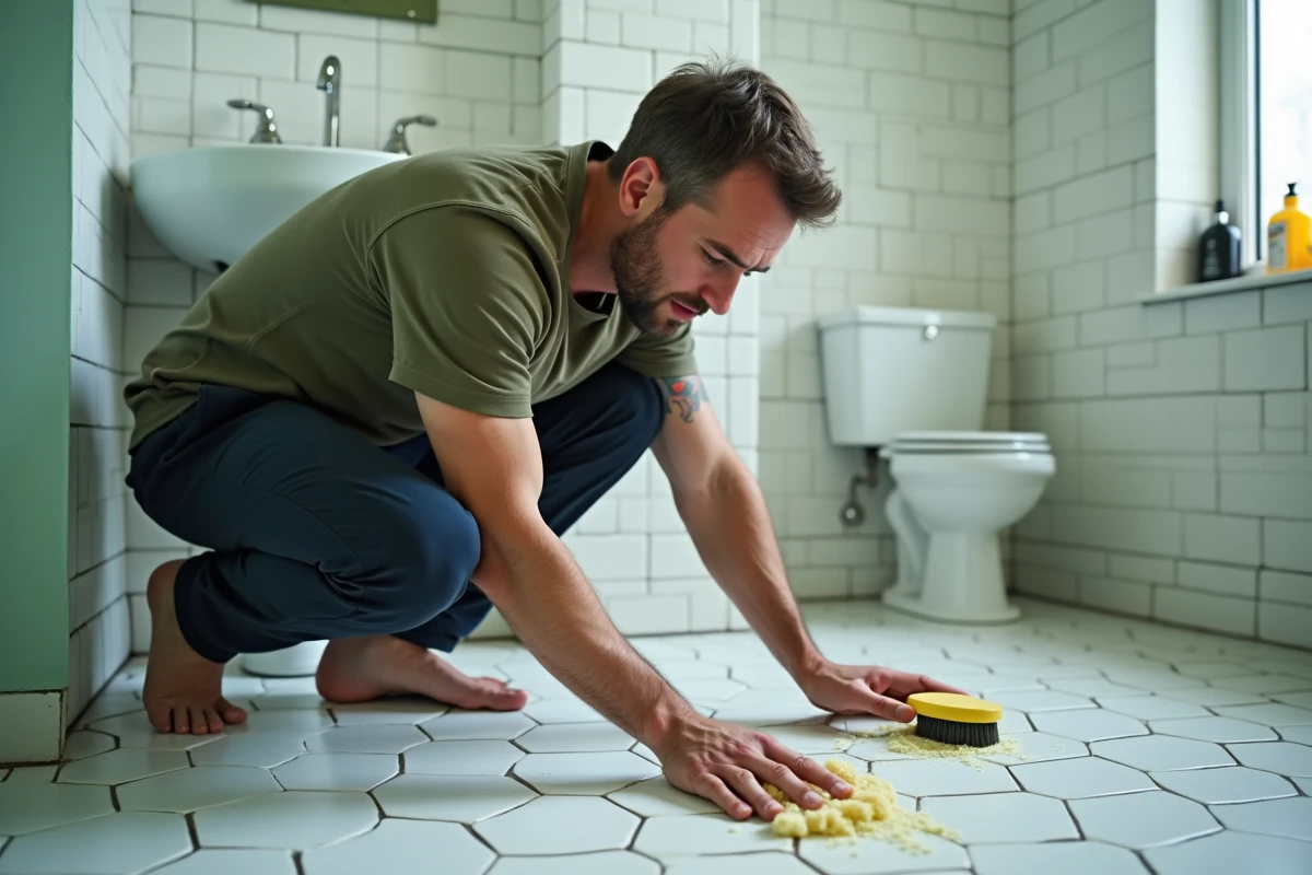 Homme en train de récurer le carrelage d'une salle de bain avec une brosse et un produit nettoyant moussant