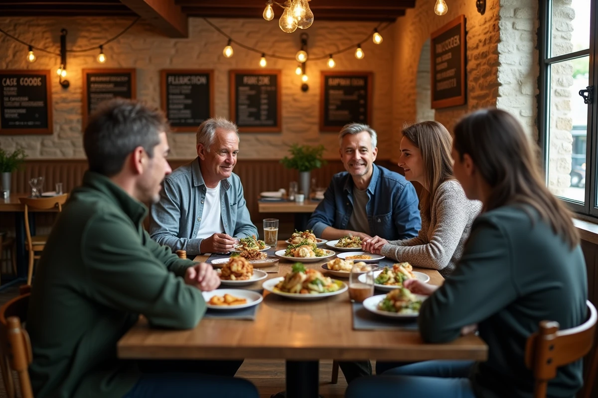 Groupe de convives partageant des plats régionaux dans un bistrot authentique, représentant l'expérience et les valeurs de la restauration traditionnelle
