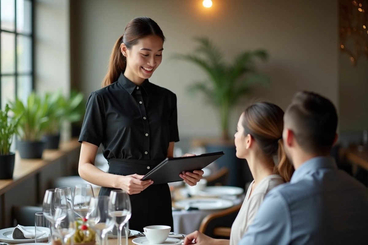 Serveuse en uniforme présentant le menu à des clients dans un restaurant contemporain, illustrant le service et les objectifs d'accueil en restauration