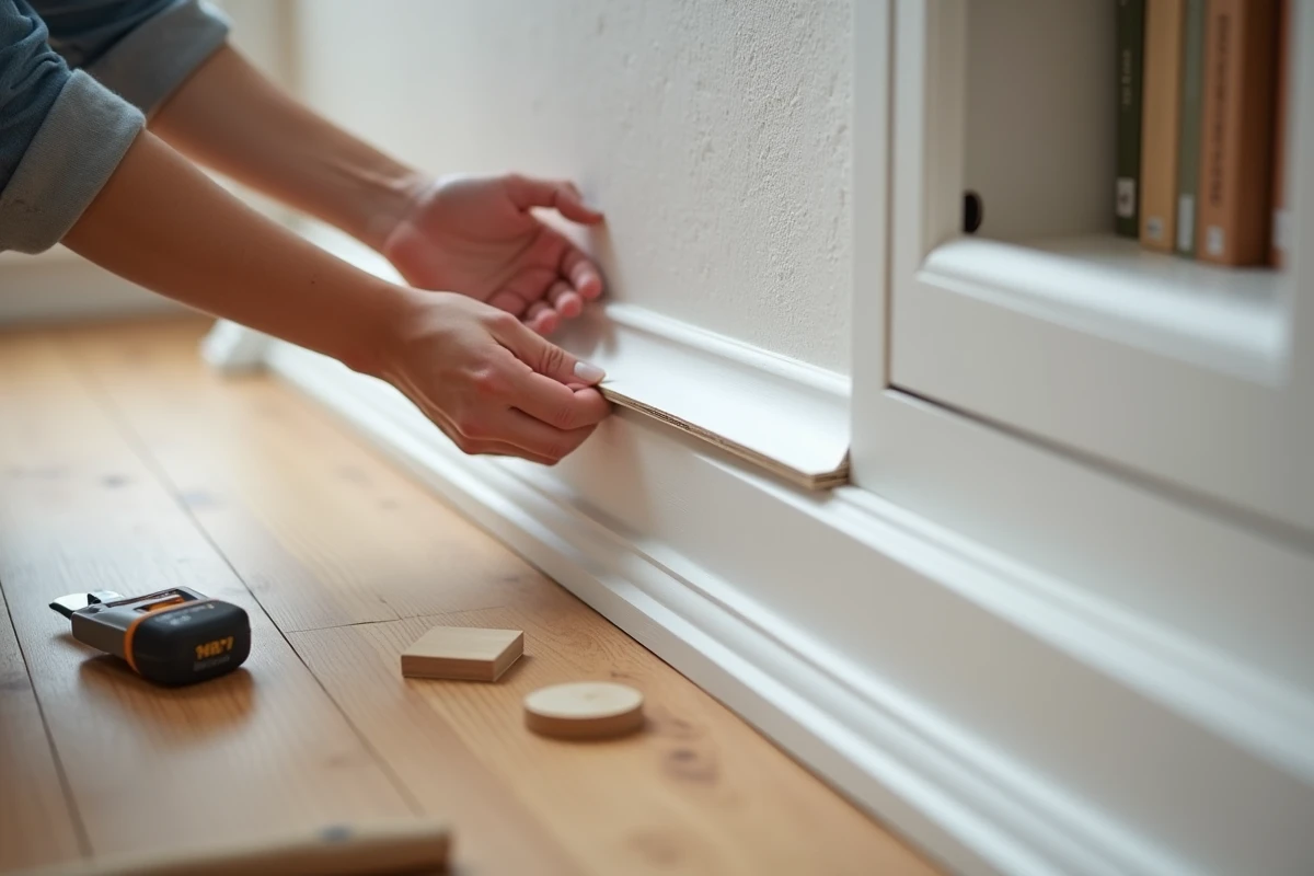 Pose d'un panneau de remplissage pour combler l'espace entre une bibliothèque blanche et un mur en plâtre