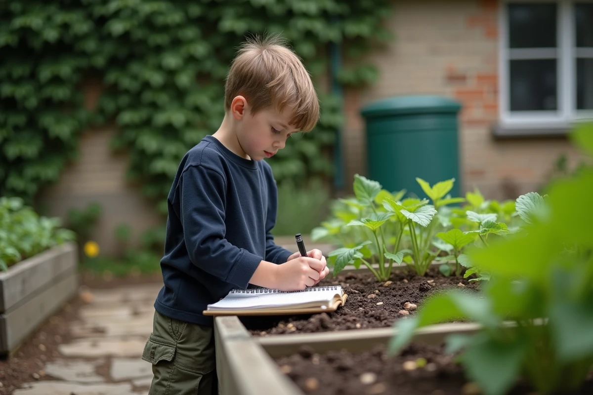 Élève autonome prenant des notes d'observation dans un carnet dans un jardin pédagogique scolaire, illustrant l'apprentissage par l'expérience selon la pédagogie Freinet