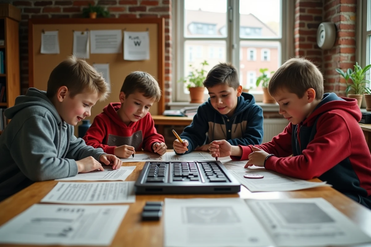 Groupe d'élèves collaborant sur un journal imprimé avec une presse typographique dans une classe Freinet aux murs en briques et aux étagères garnies de livres