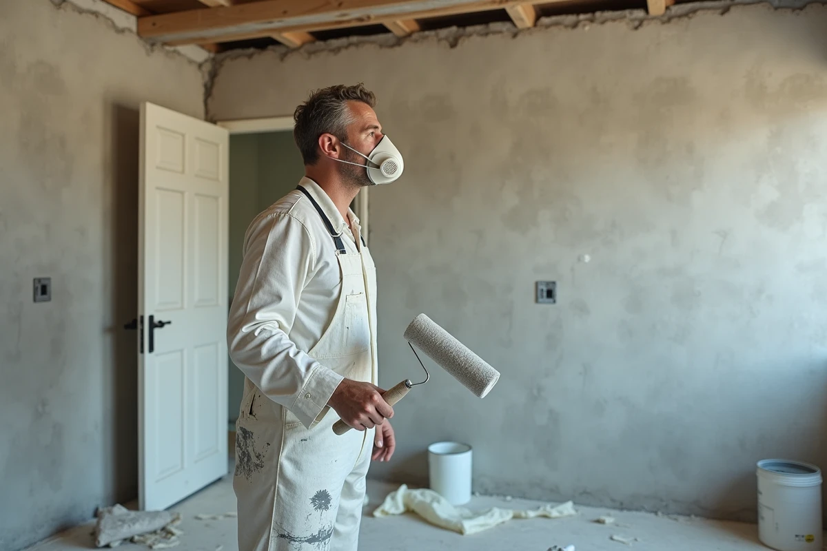 Homme peignant un mur intérieur avec un rouleau, portant une combinaison de peintre et un masque respiratoire dans une pièce en rénovation