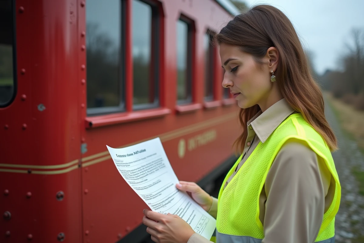 Femme examinant un permis officiel pour conduire un train touristique sur un quai en pierre, locomotive rouge en arrière-plan