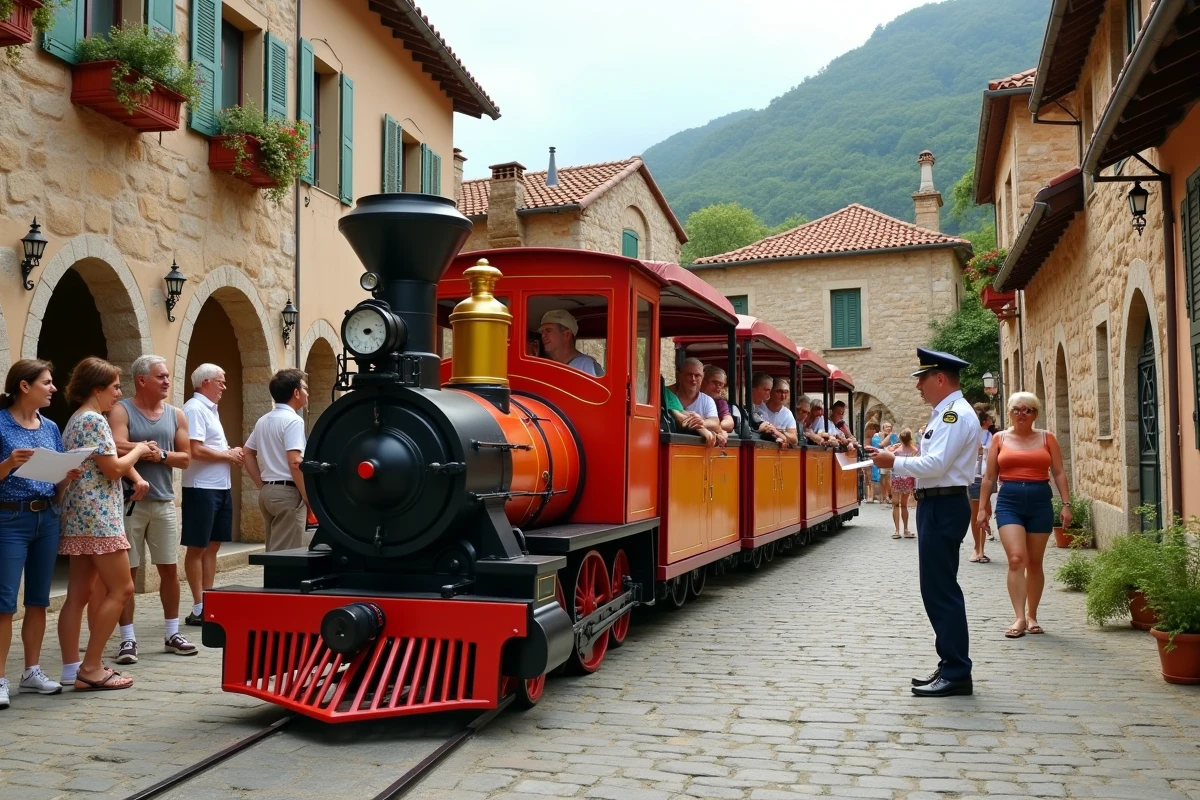 Petit train touristique routier coloré en village historique avec des touristes en train d'embarquer sur une place pavée