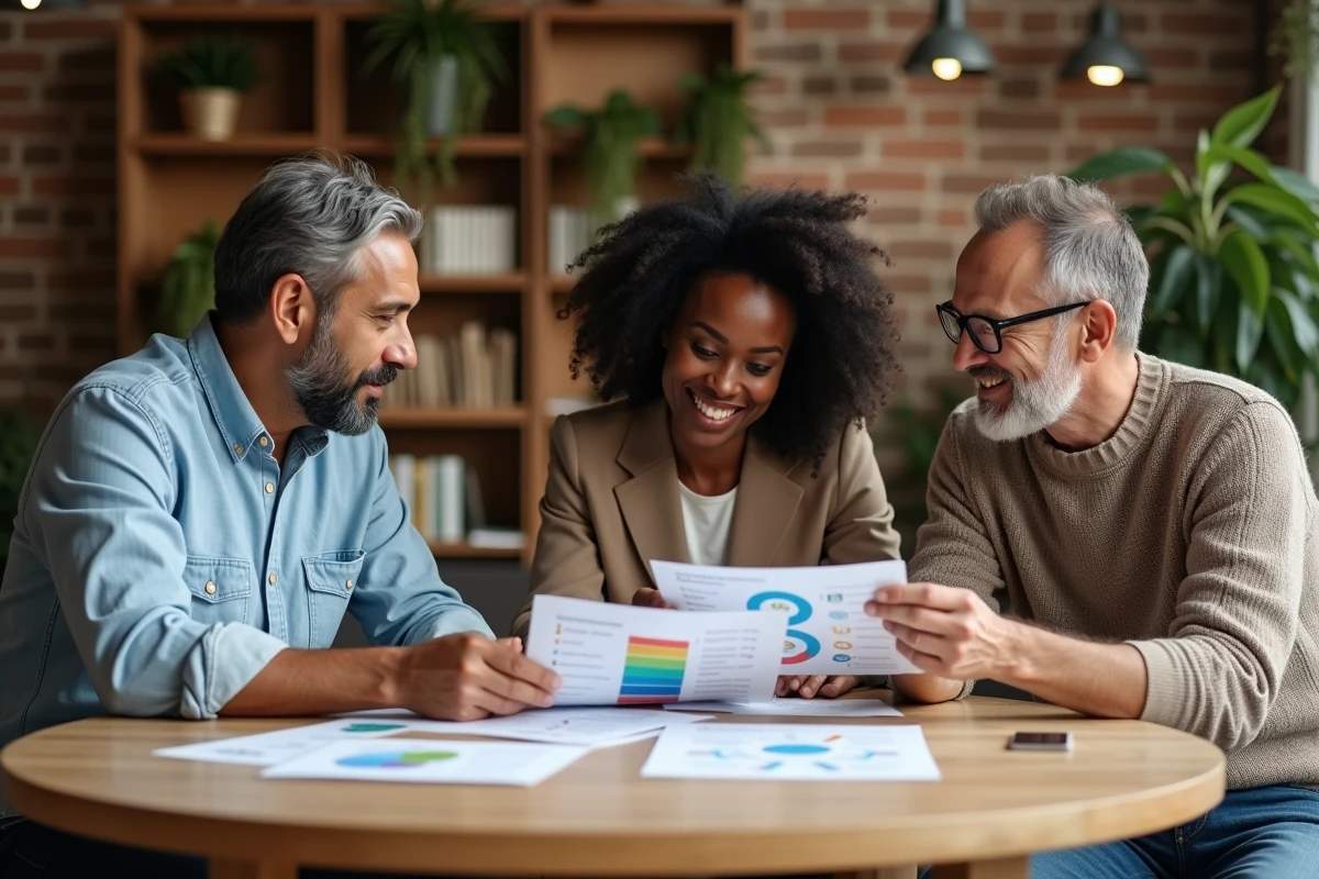 Groupe de professionnels discutant des trois piliers de la durabilité autour d'une table dans un espace de coworking