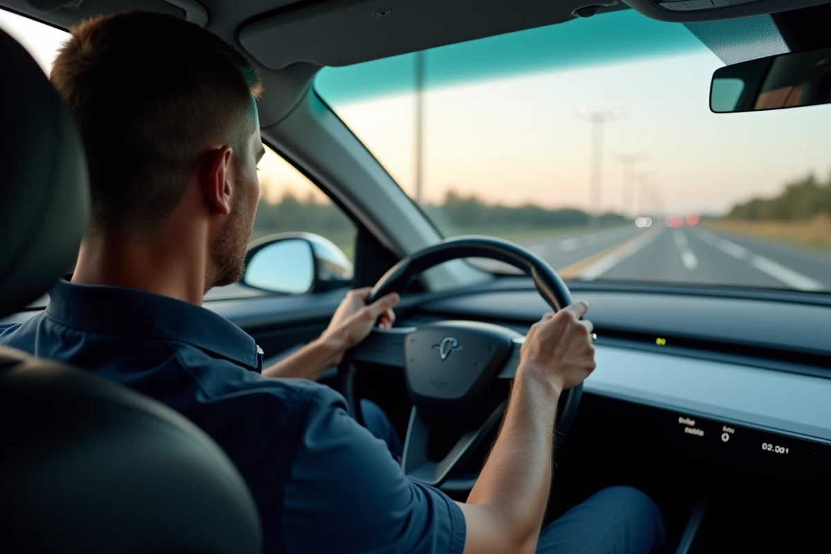 Ingénieur automobile en voiture autonome observant le pilotage automatique sur autoroute