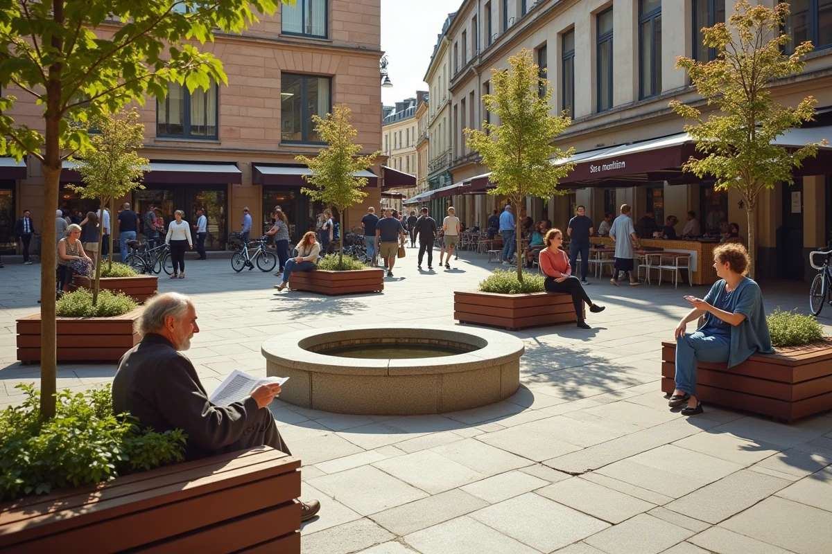 Place publique animée avec habitants et espaces verts au cœur d'un quartier urbain