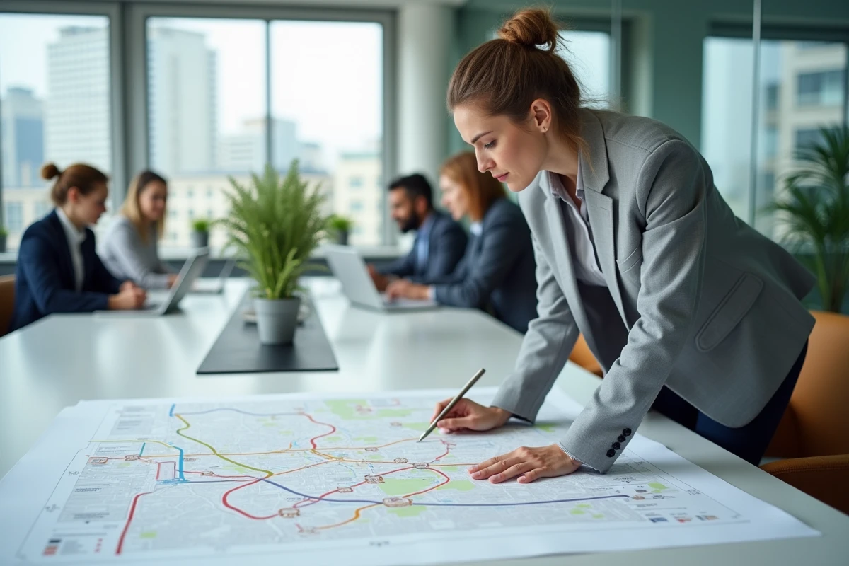 Planificatrice urbaine analysant un plan de mobilité imprimé dans un bureau moderne avec vue sur la ville