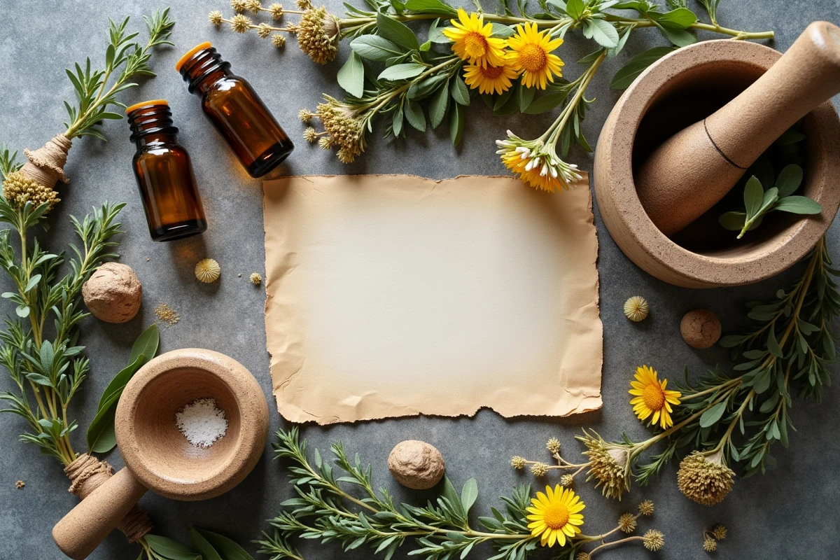 Vue de dessus d'un arrangement de plantes médicinales séchées, mortier et flacons en verre ambré évoquant les pratiques d'herboristerie et de naturopathie