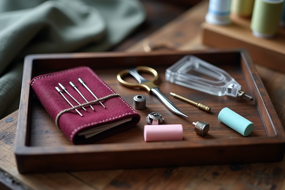 Gros plan sur un plateau en bois avec des accessoires de couture essentiels : épingles, découd-vite, craie de tailleur et carnet d'aiguilles