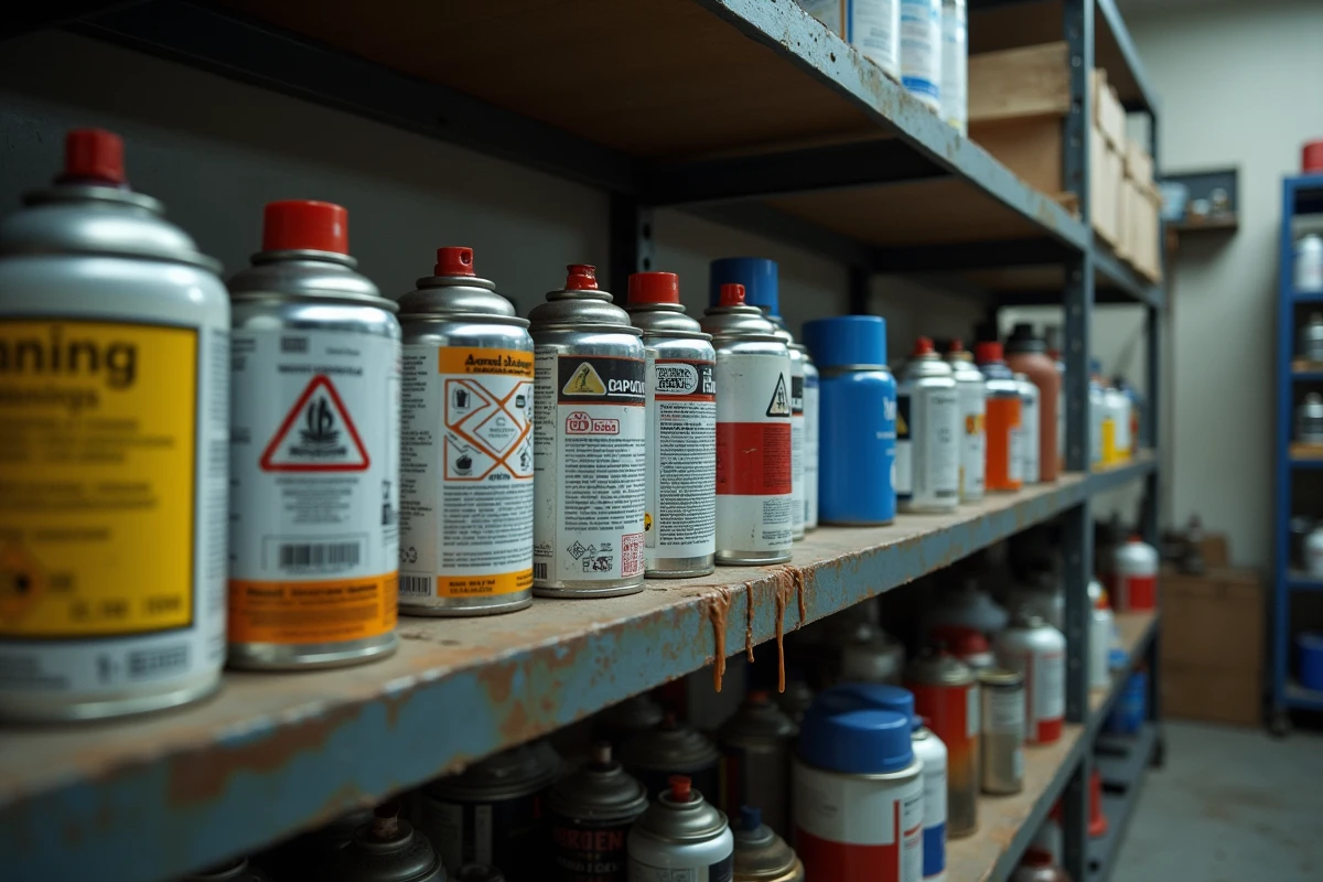 Étagère d'atelier avec des pots de peinture, bombes aérosol et solvants affichant des pictogrammes de danger et des étiquettes d'avertissement