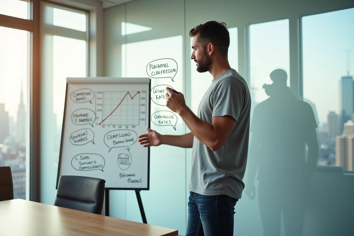 Homme présentant des KPI et indicateurs de performance web sur un tableau blanc en réunion