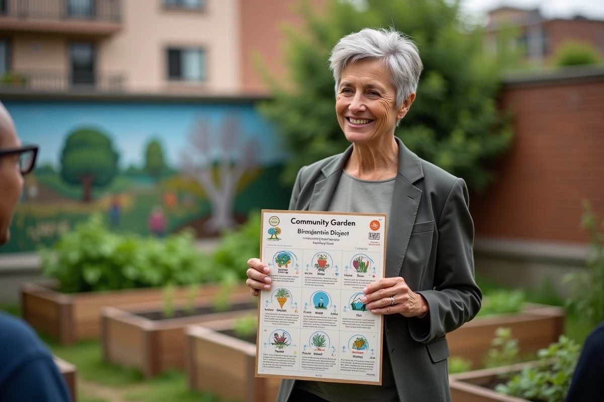 Femme présentant un projet d'innovation sociale devant un jardin communautaire urbain à des habitants du quartier