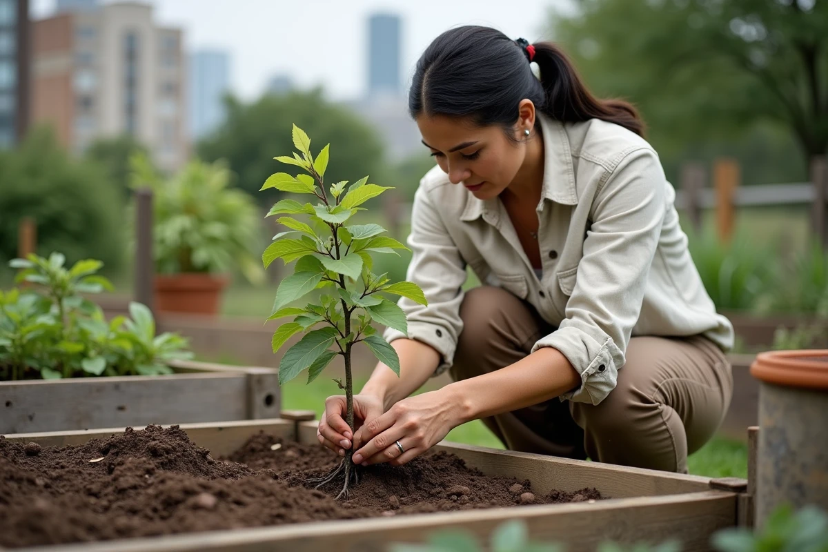 Femme qui plante un arbre dans un jardin communautaire urbain, illustrant le principe environnemental de la durabilité