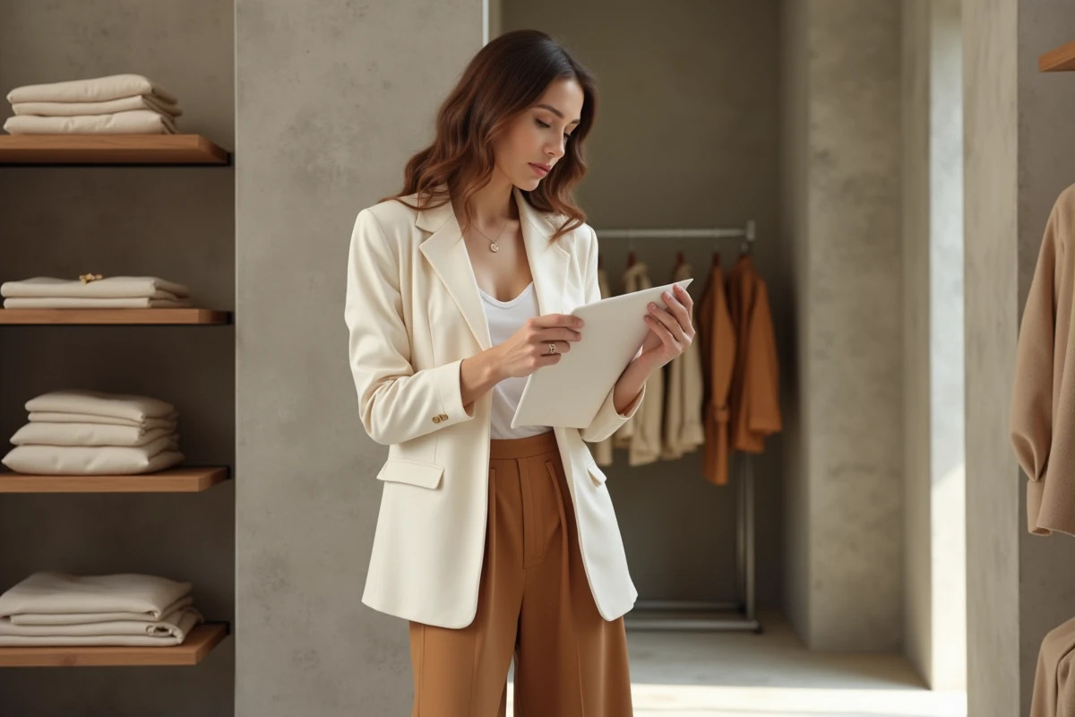 Femme élégante dans une boutique parisienne minimaliste examinant un échantillon de tissu, illustrant les principes de la mode