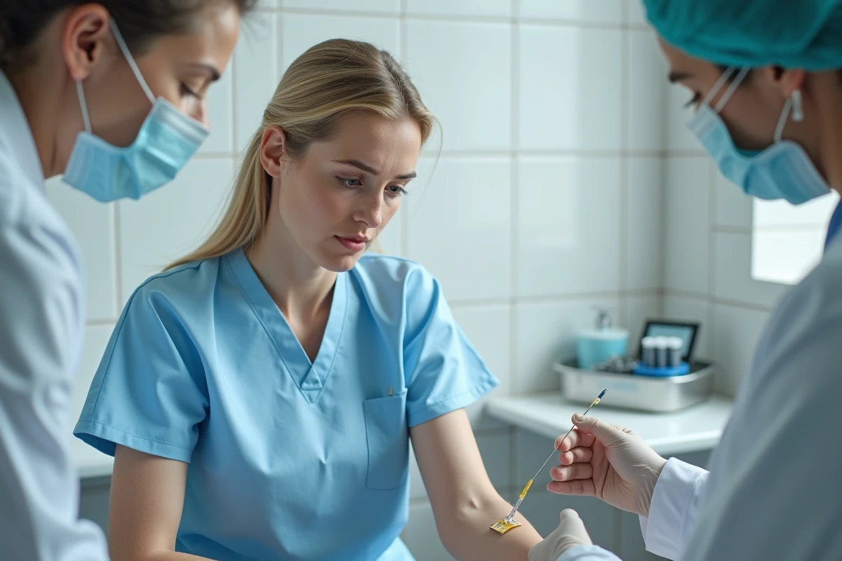 Prise de sang en cabinet médical pour analyser la fatigue chronique chez une femme adulte