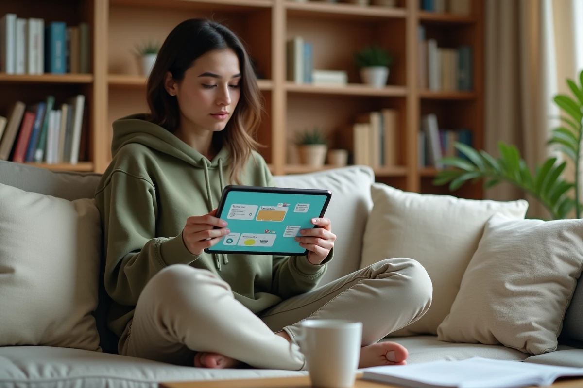 Jeune femme testant un prototype d'interface utilisateur sur une tablette dans un espace de travail à domicile