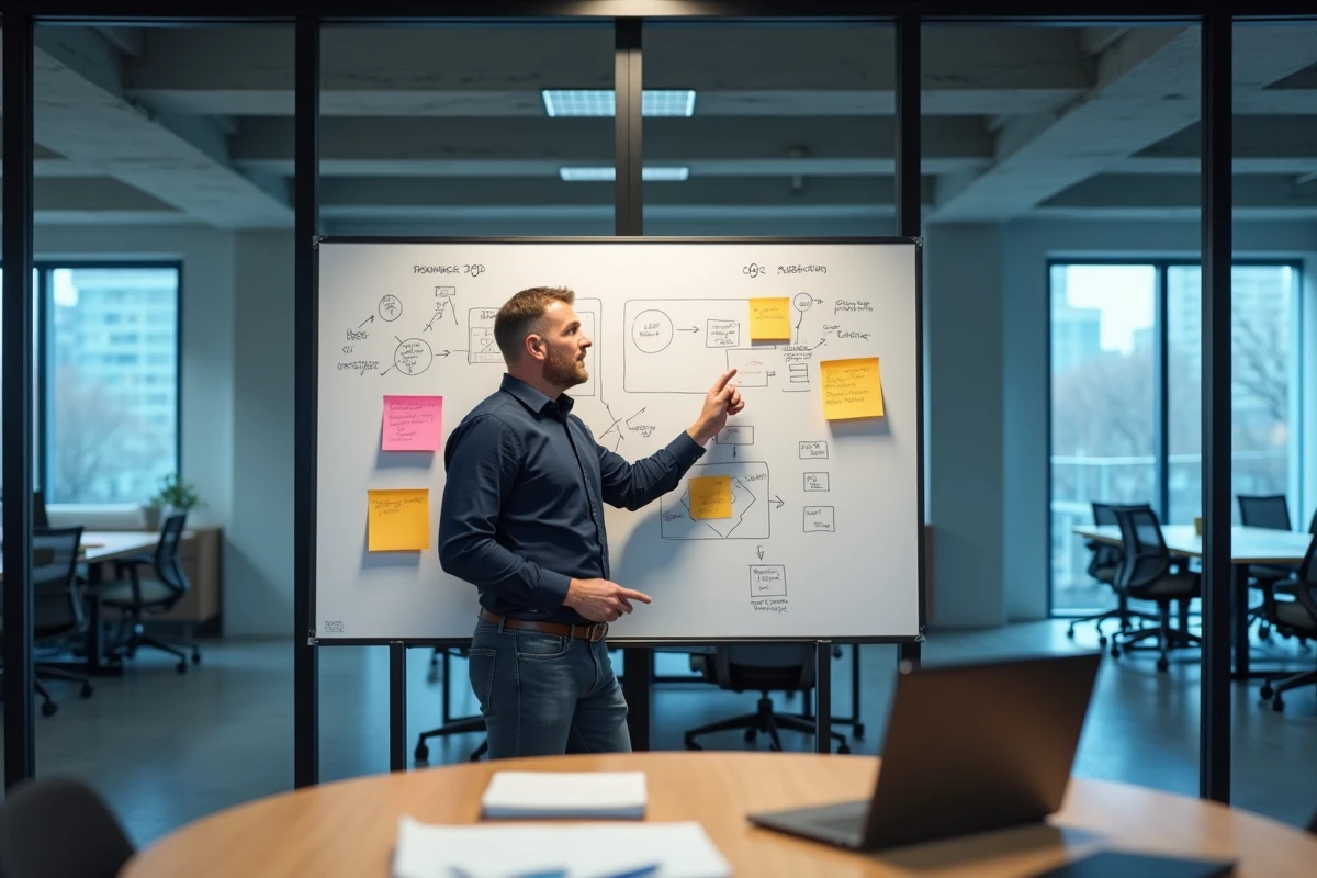 Professionnel expliquant un diagramme de flux utilisateur sur un tableau blanc dans une salle de réunion moderne