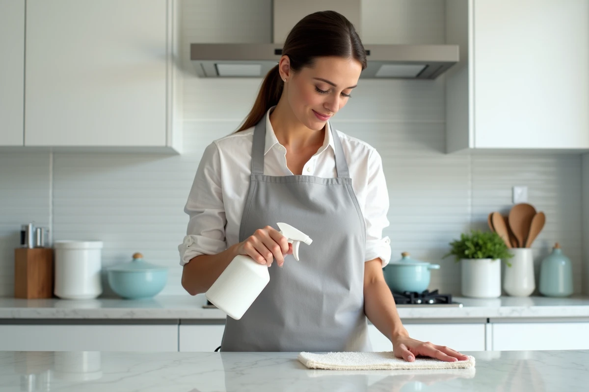 Femme utilisant un produit nettoyant en spray sur un plan de travail en marbre blanc dans une cuisine moderne
