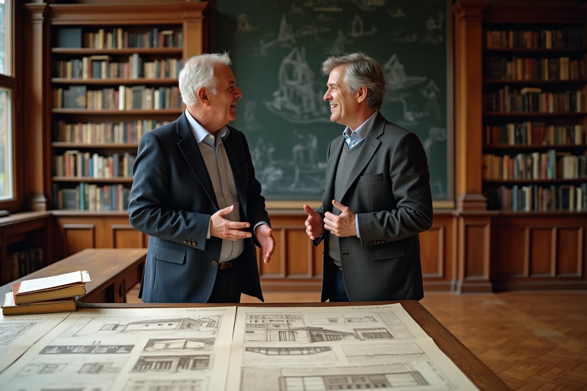 Deux professeurs discutant des innovations artistiques de la Renaissance autour de manuscrits et schémas de perspective