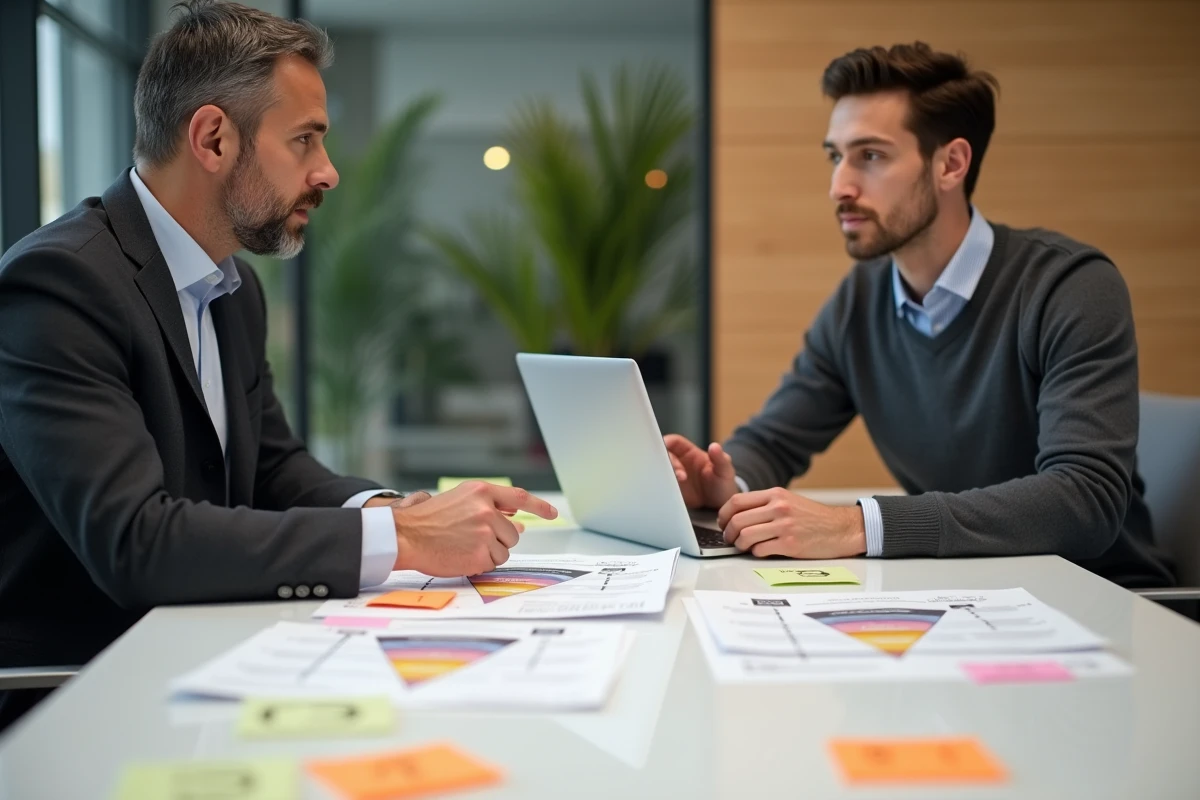 Deux professionnels en réunion comparant les approches ABC et ABM autour de documents de stratégie commerciale