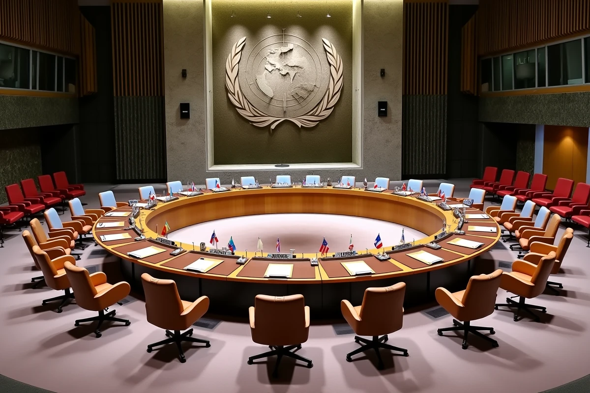 Salle de conférence diplomatique internationale avec drapeaux nationaux sur une table circulaire symbolisant les enjeux géopolitiques mondiaux